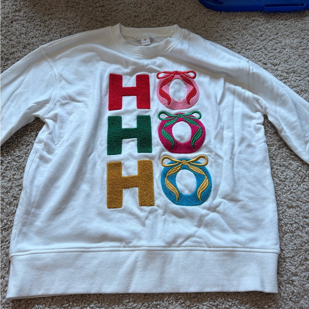 Shiraleah White Holiday Sweatshirt with Red, Green, Gold, and Blue Accents